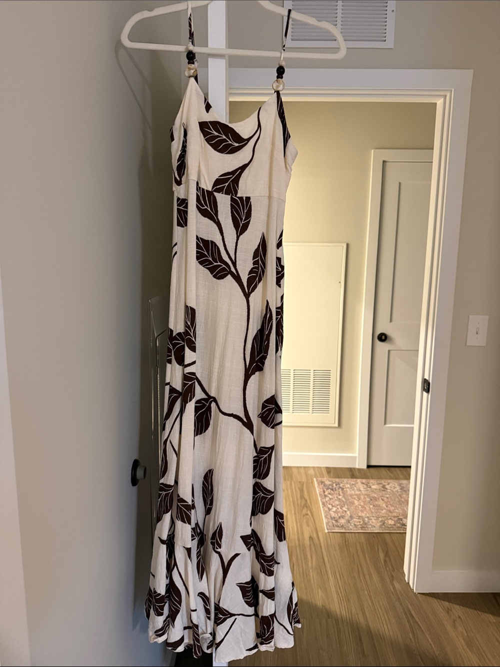 Cream Maxi Dress with Brown Leaf Print - Sleeveless Spaghetti Strap